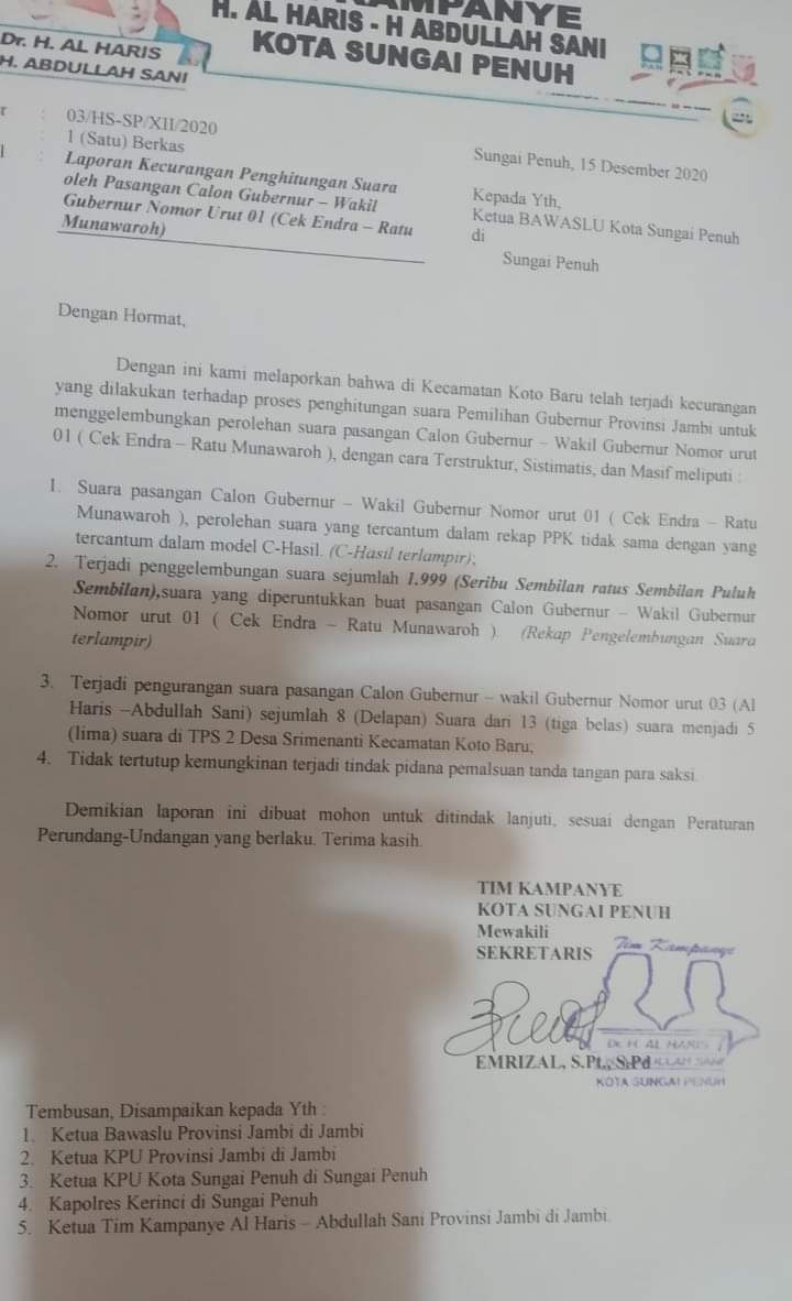 surat laporan kecurangan penghitungan suara ke Bawaslu Kota Sungai Penuh.