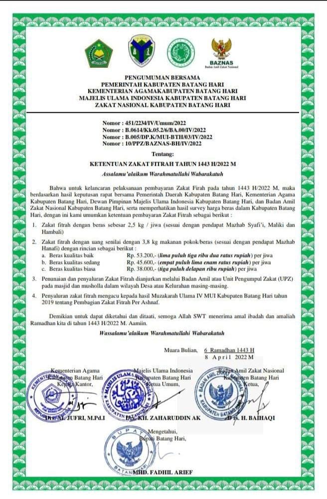 Besaran Zakat Fitrah 2022 untuk wilayah Batanghari.